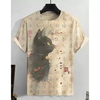 Мужская футболка с рисунком кота в стиле аниме, летняя модная мужская футболка с коротким рукавом и 3d принтом мультфильма, винтажная повседневная футболка для мужчин S