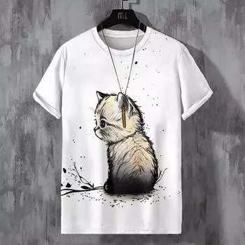 Мужская футболка с рисунком кота в стиле аниме, летняя модная мужская футболка с коротким рукавом и 3d принтом мультфильма, винтажная повседневная футболка для мужчин S