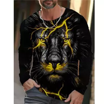Мужская футболка с рисунком льва, с круглым вырезом, коричневая, 3D-печать, для улицы, повседневная, с длинными рукавами, дизайнерская одежда M