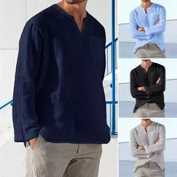 Мужская футболка с V-образным вырезом, чистый цвет, длинные рукава, нагрудный карман, пуловер средней длины, одежда 3XL чёрный