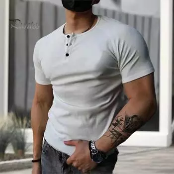 Мужская футболка с v-образным вырезом и пуговицами, с коротким рукавом, тонкая эластичная летняя однотонная футболка, уличная одежда 2XL серый