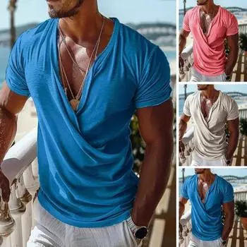 Мужская футболка с V-образным вырезом и коротким рукавом, повседневные топы свободного кроя, однотонные, из дышащей ткани, пуловеры, топы для дома, спортзала, уличная одежда M розовый