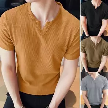 Мужская футболка с V-образным вырезом, однотонная повседневная футболка, летний свитер с короткими рукавами для повседневных выходов, занятий спортом дома, уличной одежды S чёрный