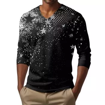 Мужская футболка с V-образным вырезом, повседневная, модная, с принтом, с длинным рукавом L чёрный