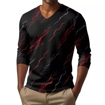 Мужская футболка с V-образным вырезом, повседневная, модная, с принтом, с длинным рукавом L чёрный