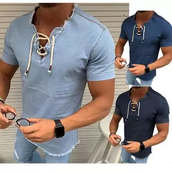 Мужская футболка с V-образным вырезом, шнуровка, летний однотонный топ с коротким рукавом XXXXL серый