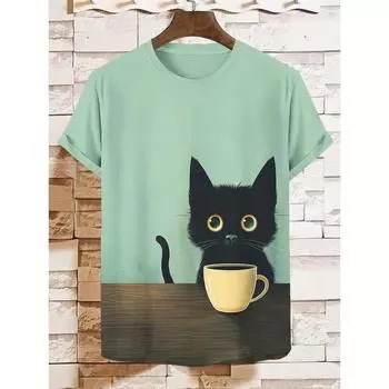 Мужская футболка с забавным кошачьим принтом, крутая футболка с пандой и вином с 3D-печатью, повседневный топ с коротким рукавом и круглым вырезом, уличная футболка XS