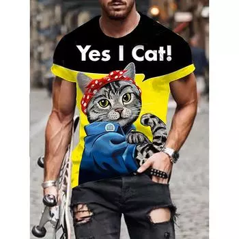 Мужская футболка с забавным котом и буквенным 3D графическим принтом, мужская новинка, футболка с круглым вырезом с короткими рукавами, летняя уличная одежда, подарок для мужчин S