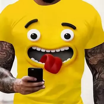 Мужская футболка с забавным мультяшным лицом — легкая и удобная футболка с коротким рукавом — привлекательная летняя мода для унисекс — полиэстер S