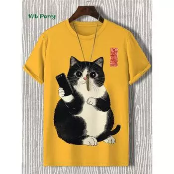 Мужская футболка с забавным принтом кота, модная футболка с коротким рукавом, топы больших размеров для вечеринок и улицы, мужская повседневная летняя одежда 2XS