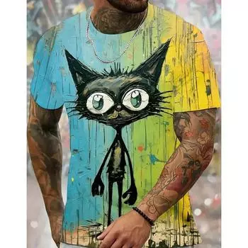 Мужская футболка с забавным рисунком в стиле граффити и рисунком кошки, футболка с короткими рукавами и 3D-принтом, летняя модная уличная одежда, свободные размеры, мужская одежда L
