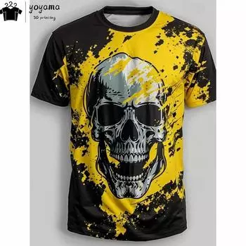 Мужская футболка с желтым принтом черепа, футболки в стиле ретро с графическим принтом, уникальная дизайнерская мужская одежда, мужская футболка с коротким рукавом, топы с принтом черепа 5XL