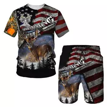 Мужская футболка/шорты/костюм с камуфляжным принтом и 3D принтом оленя, спортивный костюм в спортивном стиле с короткими рукавами, повседневная уличная одежда S