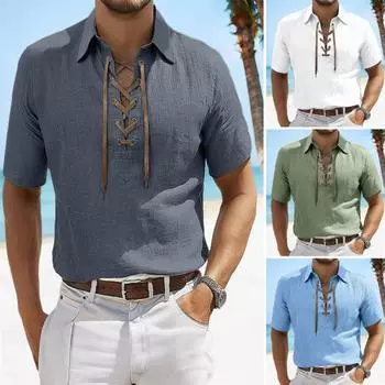 Мужская футболка со шнуровкой и V-образным вырезом, с коротким рукавом и лацканами, однотонная летняя повседневная футболка для повседневной носки, работы и улицы M синий