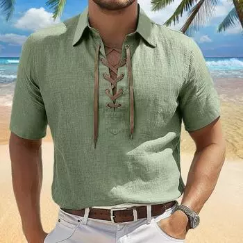 Мужская футболка со шнуровкой и V-образным вырезом, с коротким рукавом и лацканами, однотонная летняя повседневная футболка для повседневной носки, работы и улицы M синий