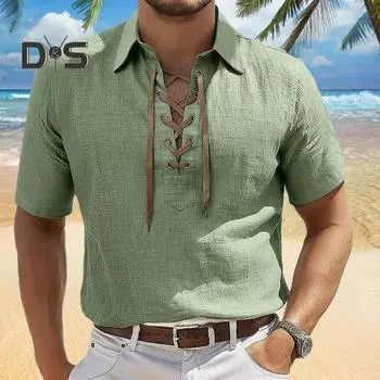 Мужская футболка со шнуровкой и V-образным вырезом, с коротким рукавом и лацканами, однотонная летняя повседневная футболка для повседневной носки, работы и улицы M серый