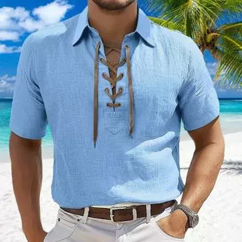 Мужская футболка со шнуровкой и V-образным вырезом, с коротким рукавом и лацканами, однотонная летняя повседневная футболка для повседневной носки, работы и улицы M белый