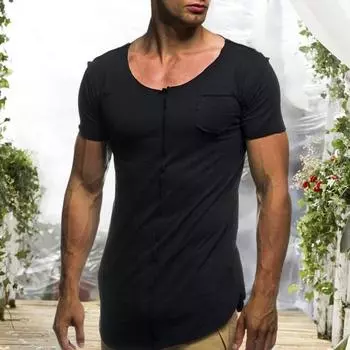 Мужская футболка сплошного цвета средней длины в стиле пэчворк с V-образным вырезом и загнутыми краями с короткими рукавами, мягкая M чёрный