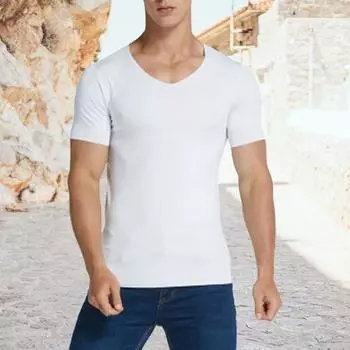Мужская футболка сплошной цвет бесшовный ледяной шелк с V-образным вырезом с короткими рукавами мягкий пуловер спортивный L серый
