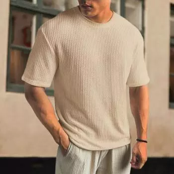 Мужская футболка сплошной цвет с круглым вырезом с короткими рукавами мягкий эластичный свободный пуловер спортивный бизнес L хаки