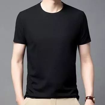 Мужская футболка сплошной цвет с круглым вырезом с короткими рукавами и вафельной текстурой, свободная повседневная мягкая середина M чёрный