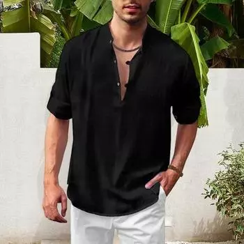 Мужская футболка сплошной цвет с v-образным вырезом и полуоткрытым воротником с длинными рукавами, винтажный мягкий свободный пуловер L белый