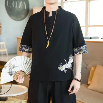 Мужская футболка свободного кроя в китайском стиле, летняя, тонкая, с вышитым журавлем, из хлопка и льна, с короткими рукавами, с пятиточечными рукавами, с короткими рукавами, в японском стиле, мужские рубашки, топы M чёрный
