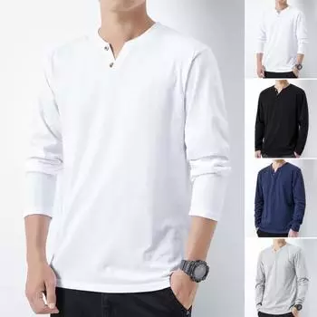 Мужская футболка свободного покроя с V-образным вырезом и длинными рукавами, осенне-весенняя, однотонная M темно-синий