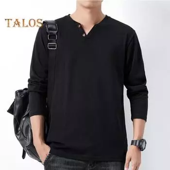 Мужская футболка свободного покроя с V-образным вырезом и длинными рукавами, на осень и весну, повседневная спортивная домашняя одежда M белый