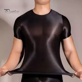 Мужская футболка, тонкая, высокоэластичная, с круглым вырезом, короткими рукавами, облегающая, с хорошей воздухопроницаемостью, с прозрачной глянцевой поверхностью чёрный