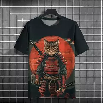 Мужская футболка, топы с принтом японского самурая и кота, повседневные топы унисекс, дышащая удобная летняя новая одежда больших размеров S