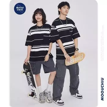 Мужская футболка в черно-белую полоску, мужской свободный топ с короткими рукавами для инстаграма в американском стиле для пар XXXL