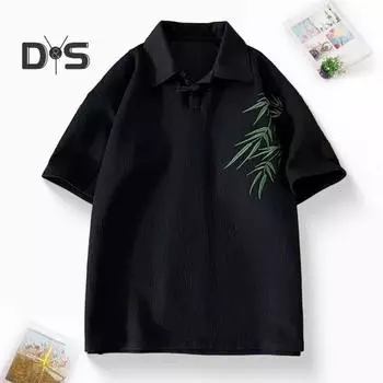 Мужская футболка в китайском стиле с коротким рукавом и лацканами, свободная футболка в стиле ретро с вышитым рисунком бамбука для повседневной носки на улице L чёрный