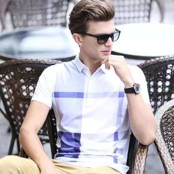 Мужская футболка в клетку с лацканами, мужская футболка с короткими рукавами, мужская хлопковая футболка, мужская летняя новая футболка, мужская M