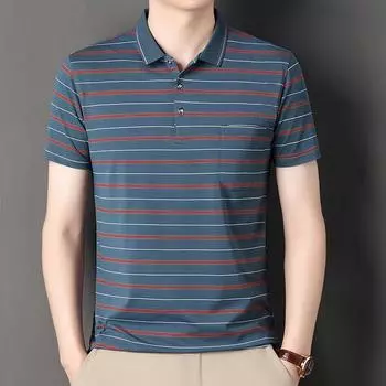 Мужская футболка в полоску без железа с короткими рукавами, повседневная тонкая дышащая рубашка поло с настоящим карманом, летняя футболка для папы M