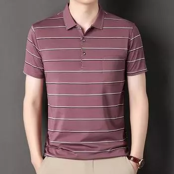 Мужская футболка в полоску без железа с короткими рукавами, повседневная тонкая дышащая рубашка поло с настоящим карманом, летняя футболка с короткими рукавами среднего возраста M