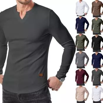 Мужская футболка в полоску с V-образным вырезом, однотонная повседневная модная футболка с длинными рукавами L армия зеленый