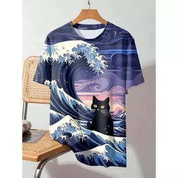 Мужская футболка в японском стиле с изображением животных Ukiyoe, милые футболки с принтом в виде кошек, повседневная футболка с коротким рукавом, свободная мужская одежда, топы S