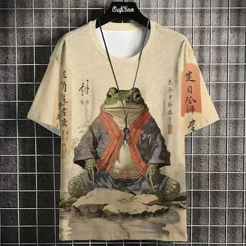 Мужская футболка в японском стиле с рисунком укиё-э Футболки с принтом животных Повседневные свободные футболки с коротким рукавом Мужская одежда больших размеров Топы S