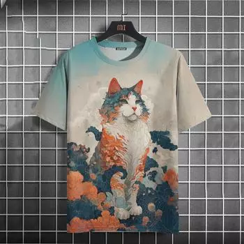 Мужская футболка в японском стиле с рисунком кошки укиё-э, футболки с принтом, повседневные футболки с коротким рукавом. Мужская одежда больших размеров, топы, лето S