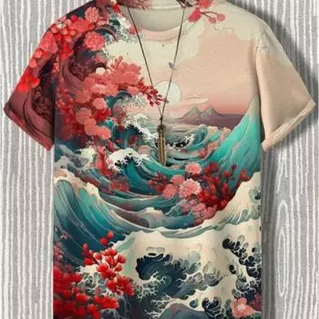 Мужская футболка в японском стиле укиё-э с графическим 3D принтом, повседневная футболка с короткими рукавами, уличная мужская одежда больших размеров, топы, новинка S