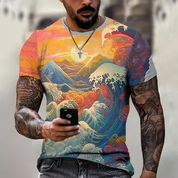 Мужская футболка в японском стиле укиё-э с графическим 3D принтом, повседневная футболка с короткими рукавами, уличная мужская одежда больших размеров, топы, новинка S