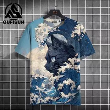 Мужская футболка в японском стиле Ukiyo-E и футболки с принтом кота, повседневная футболка с короткими рукавами, мужская одежда большого размера, летний топ S