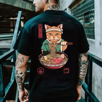 Мужская футболка в стиле Харадзюку, японский самурайский кот, летняя уличная трендовая черная футболка для отдыха, топ с короткими рукавами и круглым вырезом, винтажная одежда большого размера S