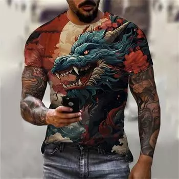 Мужская футболка в стиле хип-хоп с 3D принтом дракона, летняя повседневная одежда с короткими рукавами и мужской уличной одеждой, футболки в стиле Харадзюку с круглым вырезом 3XL