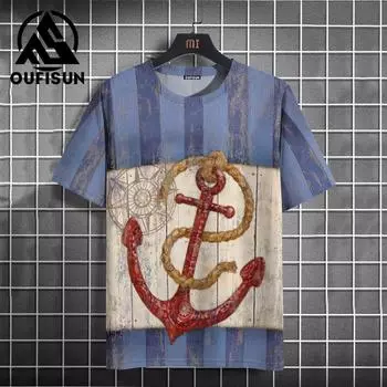 Мужская футболка в стиле ретро с 3d принтом лодки и якоря, футболки с короткими рукавами, топы с морским принтом, свободная футболка большого размера с коротким рукавом для мужчин, 2024 2XL