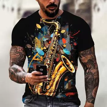 Мужская футболка в стиле ретро с 3d-принтом музыкальных нот, мужская одежда, повседневная повседневная футболка с коротким рукавом, уличные дизайнерские футболки, топ, свободная рубашка большого размера S