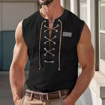 Мужская футболка в стиле ретро с V-образным вырезом, шнуровкой, вышивкой, с короткими рукавами XL чёрный