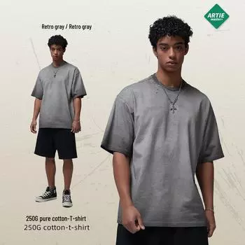 Мужская футболка в стиле ретро весна/лето 2025 г.: Невыцветающий цвет, потертый край, свободный выстиранный стиль XL