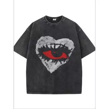 Мужская футболка в винтажном стиле, выстиранная серая, с графикой красного сердца. 100% хлопок, короткий рукав, круглый вырез, удобная посадка. S